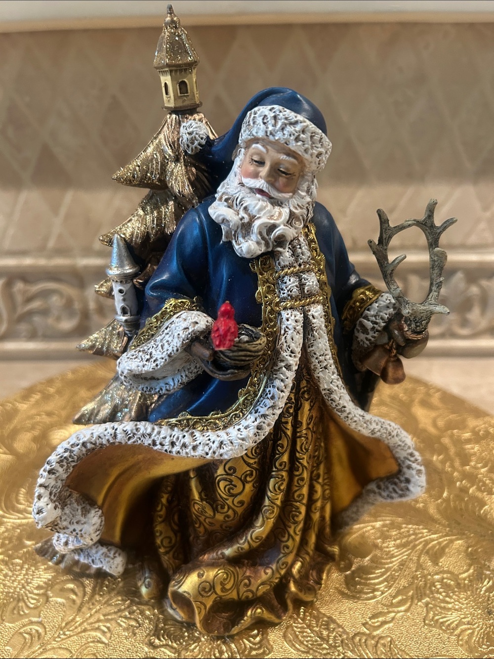 NIB Roman Inc. Blue 8” Santa with Christmas Tree and Cardinal Limited Edition